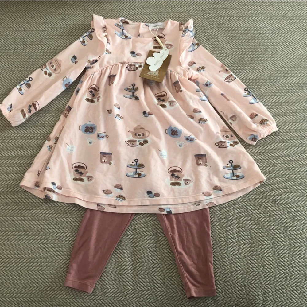 Angel Dear Pink Tea Party Long Sleeve Dress with Dusty Rose Leggings - Picture 1 of 12